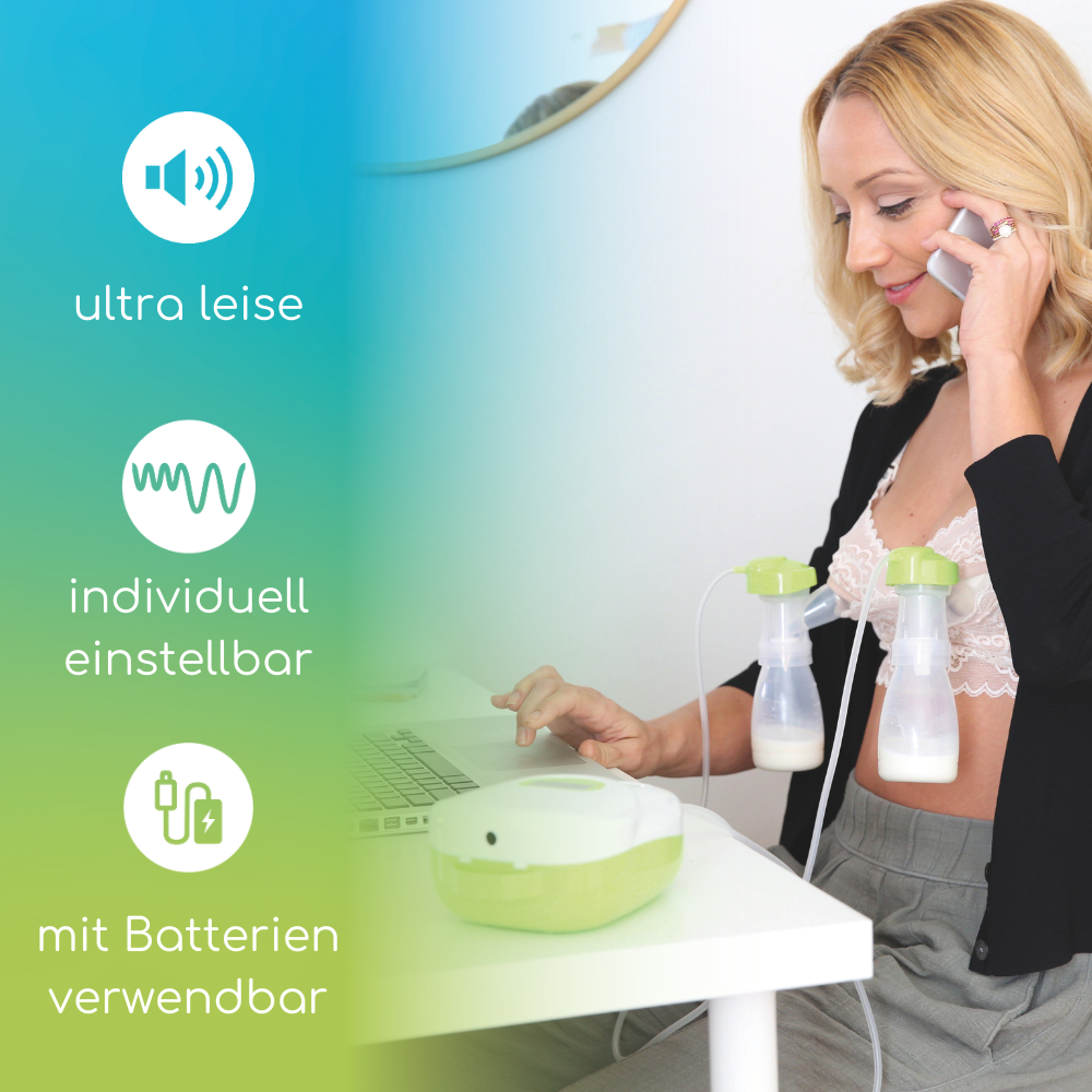 Frau sitzt am Laptop und pumpt beidseitig mit der Ardo Calypso ab