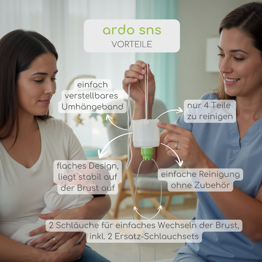 das bild zeigt die vorteile des ardo sns brusternährungssets