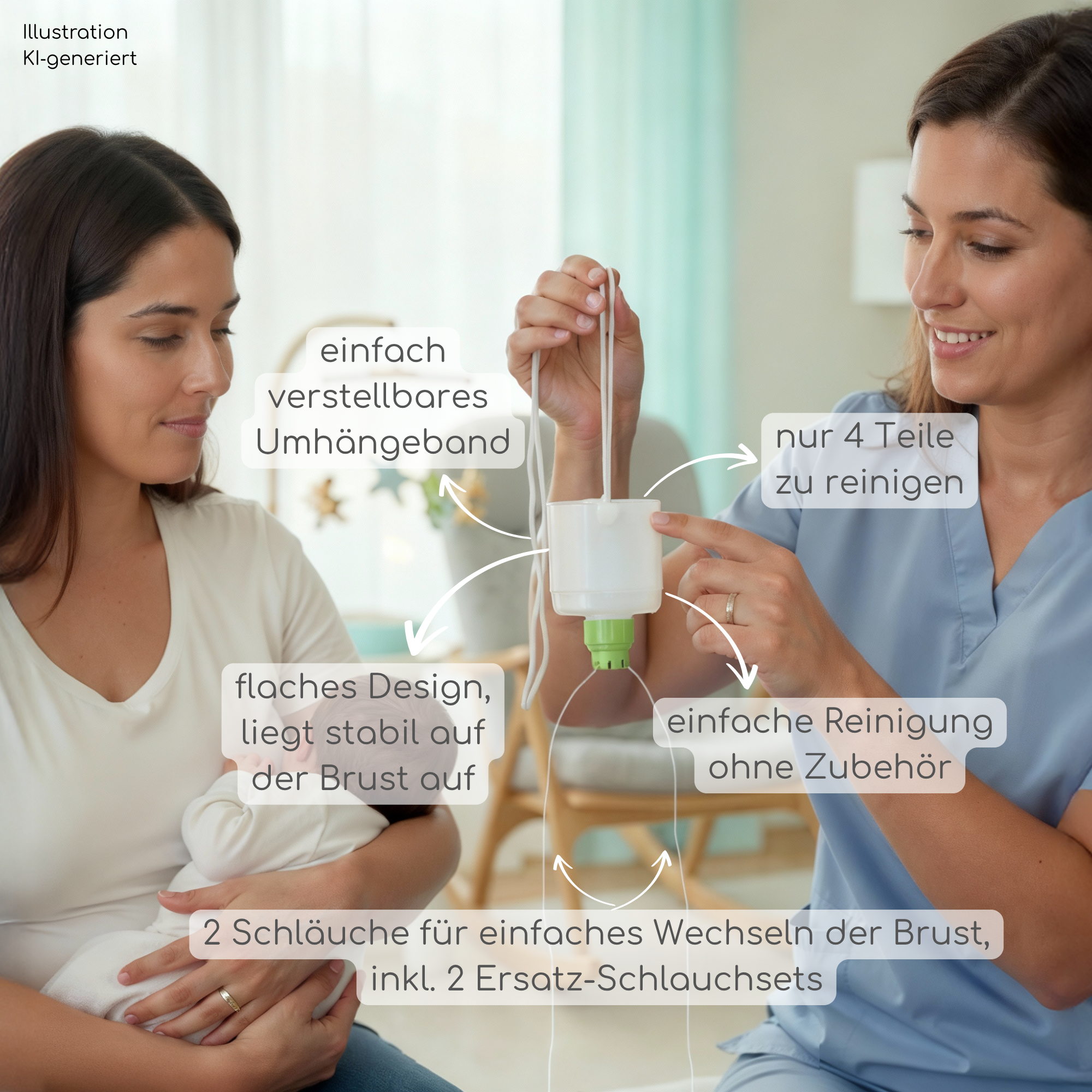 KI-Illustration: Eine Hebamme erklärt einer Mutter die Vorteile des Ardo SNS Brusternährungssets