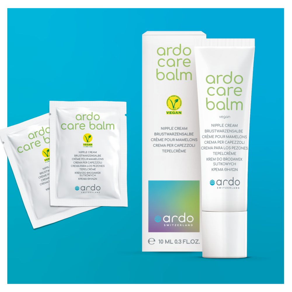 produktabbildungen von ardo care balm vegane brustwarzensalbe auf blauem hintergrund