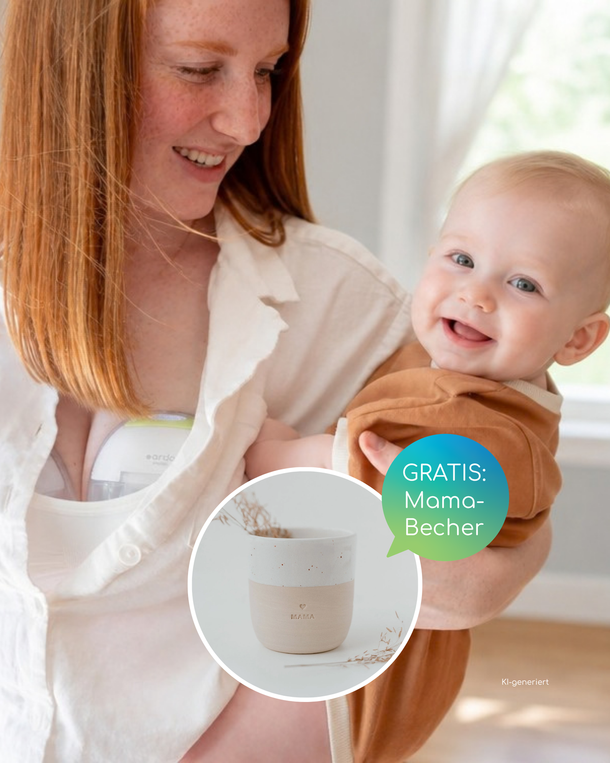 Glückliche Mutter hält ihr lächelndes Baby im Arm und nutzt eine diskrete Milchpumpe mit dem Hinweis auf einen gratis Mama-Becher.
