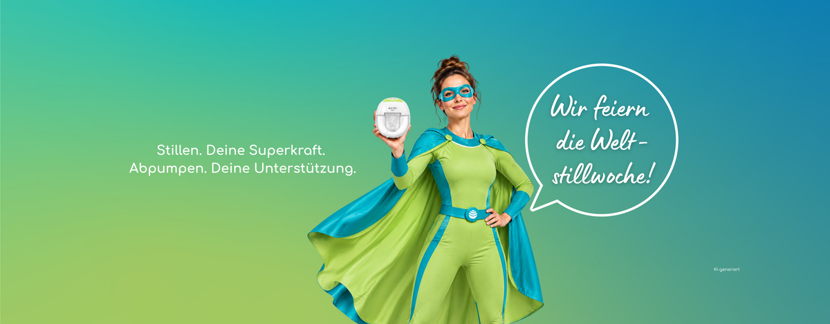 Frau verkleidet als Superheldin mit einer elektrischen Milchpumpe und dem Text "Stillen. Deine Superkraft. Abpumpen. Deine Unterstützung.