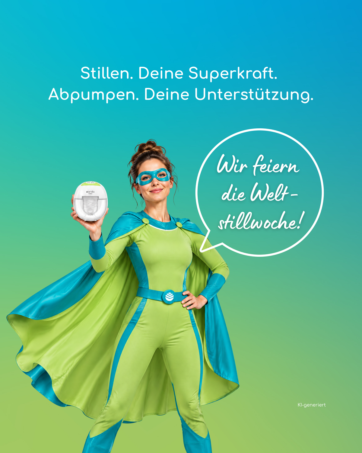 Frau verkleidet als Superheldin mit einer elektrischen Milchpumpe und dem Text "Stillen. Deine Superkraft. Abpumpen. Deine Unterstützung.