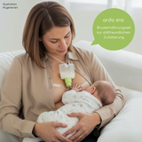 KI-Illustration: mutter stillt baby und füttert mit dem ardo sns brusternährungsset zu