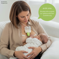 KI-Illustration: mutter stillt baby und füttert mit dem ardo sns brusternährungsset zu