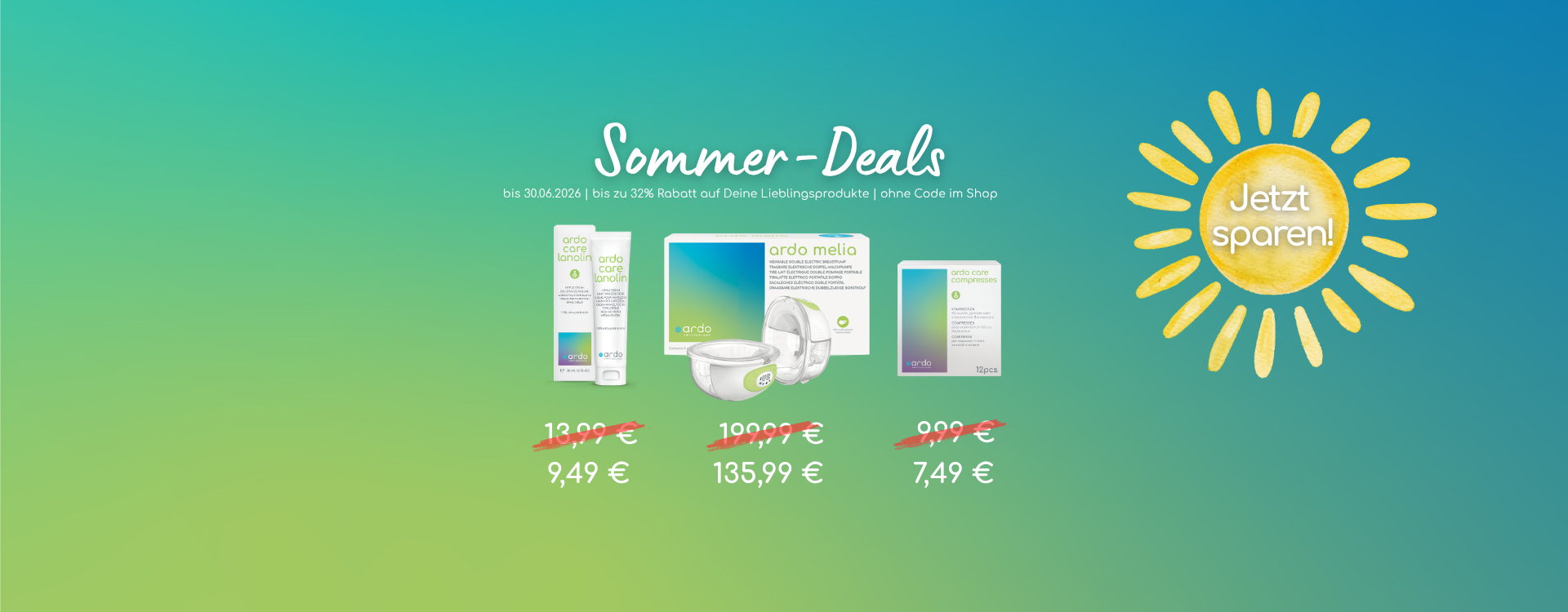 Übersicht der exklusiven Produkt-Highlights und Angebote während der Sommerdeals-Promotion auf dem Desktop-Banner.